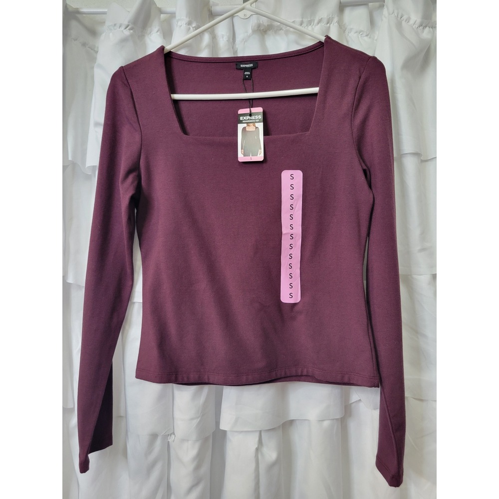 Express Squareneck Top Womens Small Burgundy Long Sleeve  Stretch Blouse NEW 529